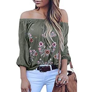 Women V Neck Boho Embroidered Shirt Blouses